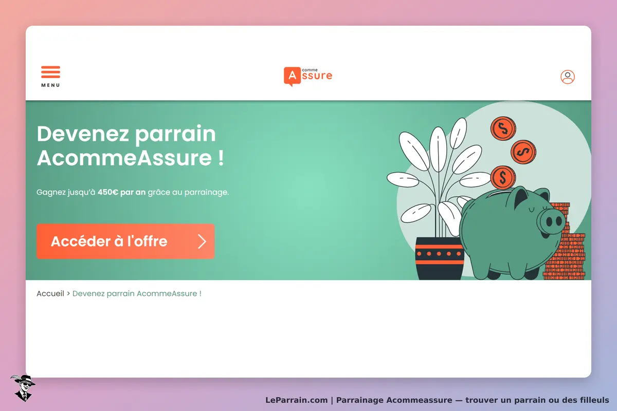 AcommeAssure : page d'accueil avec un message pour devenir parrain et un cochon tirelire
