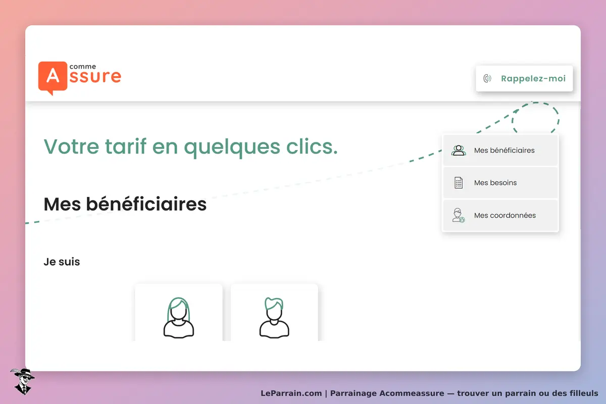 Acommeassure : page d'accueil avec options pour gérer les bénéficiaires et un bouton de rappel