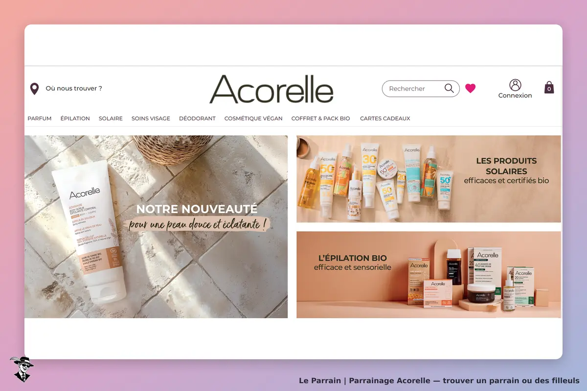 Acorelle : page d'accueil présentant des produits cosmétiques et d'épilation bio