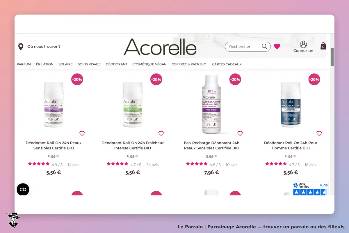 Acorelle : page d'accueil avec des déodorants certifiés BIO et leurs évaluations