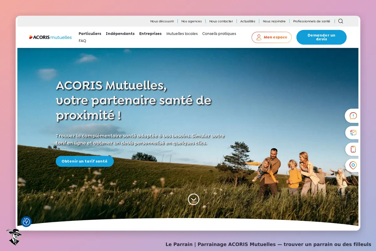 ACORIS Mutuelles : page d'accueil avec un slogan et une image de famille en plein air