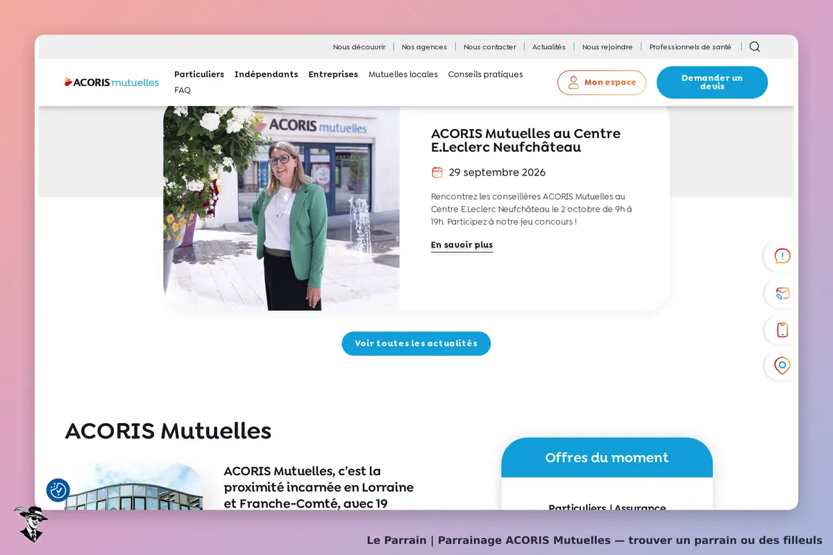 ACORIS Mutuelles : page d'accueil avec une conseillère et des informations sur un événement