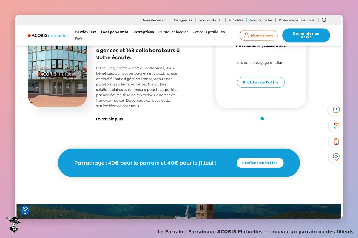 ACORIS Mutuelles : page d'accueil présentant des services et un formulaire de parrainage