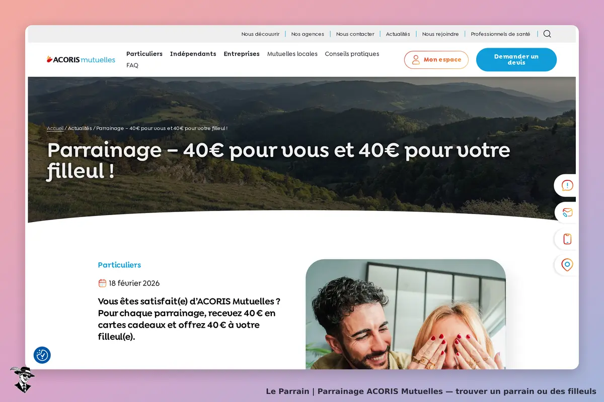 ACORIS Mutuelles : page d'accueil avec un visuel de parrainage et une photo de deux personnes