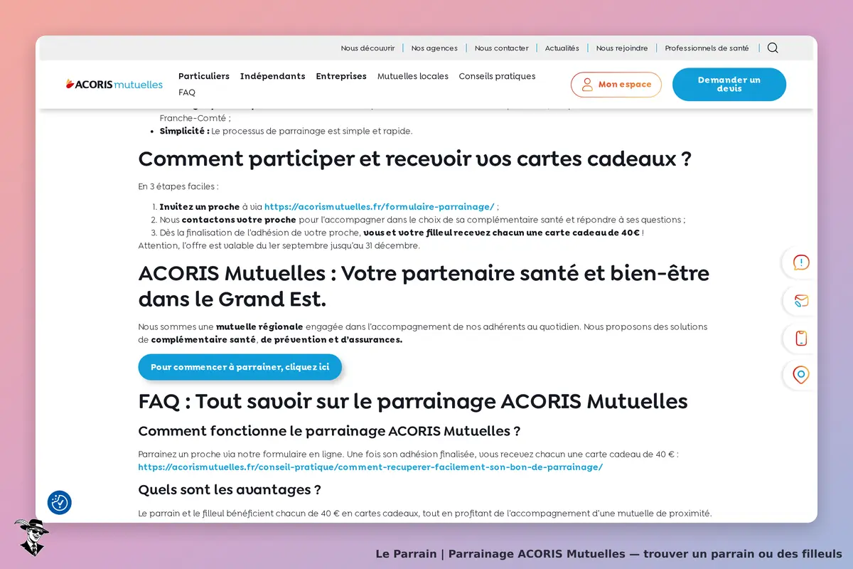 ACORIS Mutuelles : page d'accueil avec informations sur le parrainage et un lien vers la FAQ