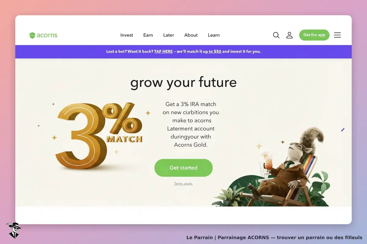 acorns : page d'accueil avec un message sur l'avenir et un personnage de raton laveur détendu