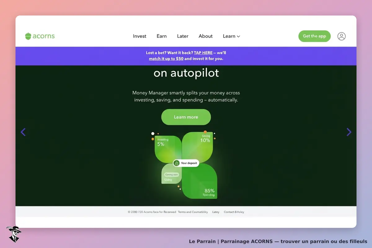 acorns : page d'accueil affichant un gestionnaire d'argent et un diagramme de répartition des fonds