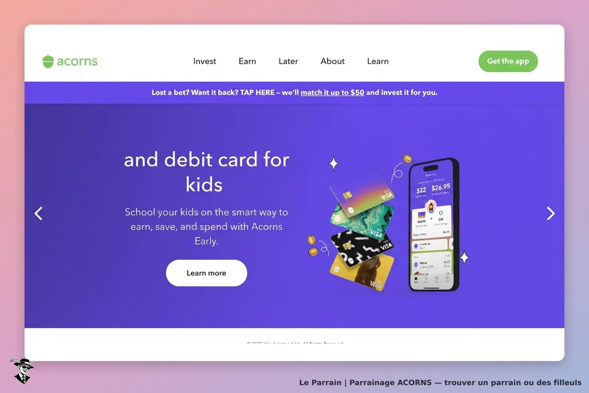 acorns : page d'accueil présentant une carte de débit pour enfants et une application mobile