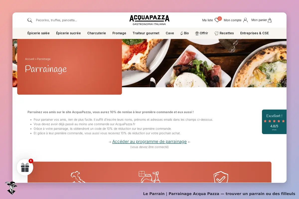 Acqua Pazza : page de parrainage avec texte explicatif et images de plats italiens
