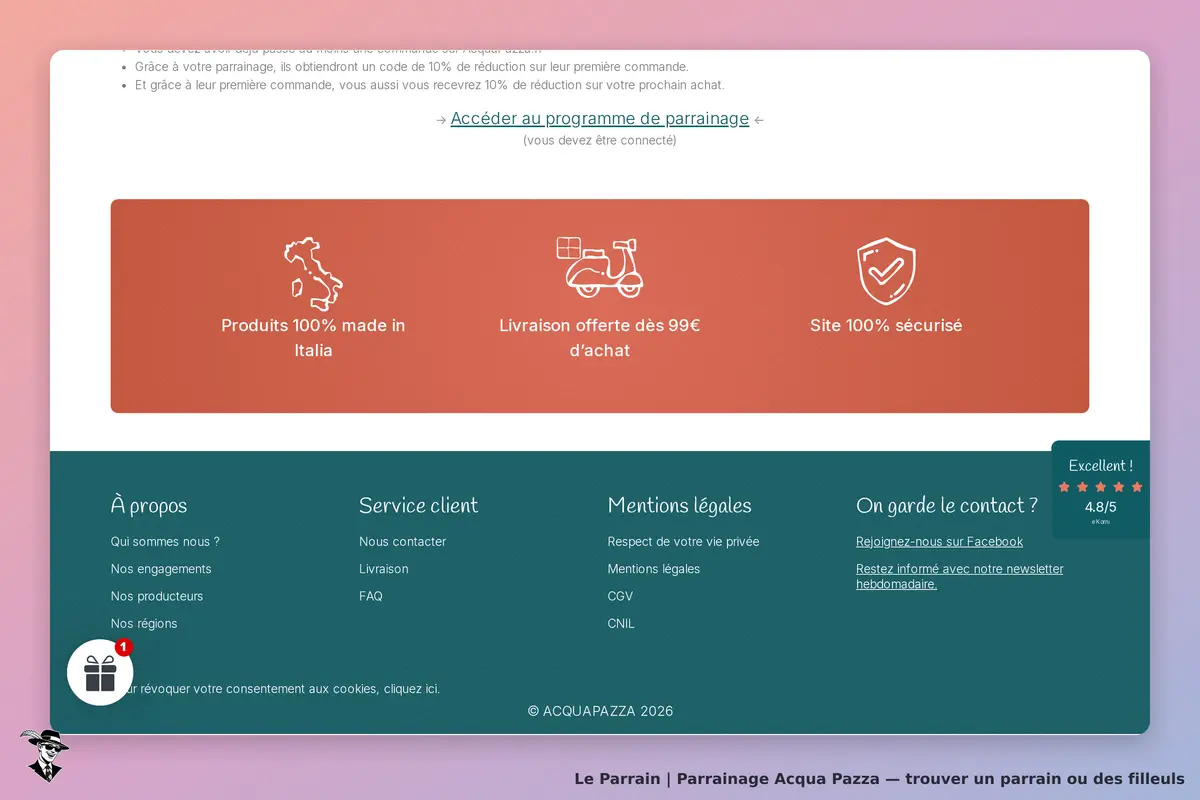 Acqua Pazza : section inférieure de la page avec informations sur produits et services