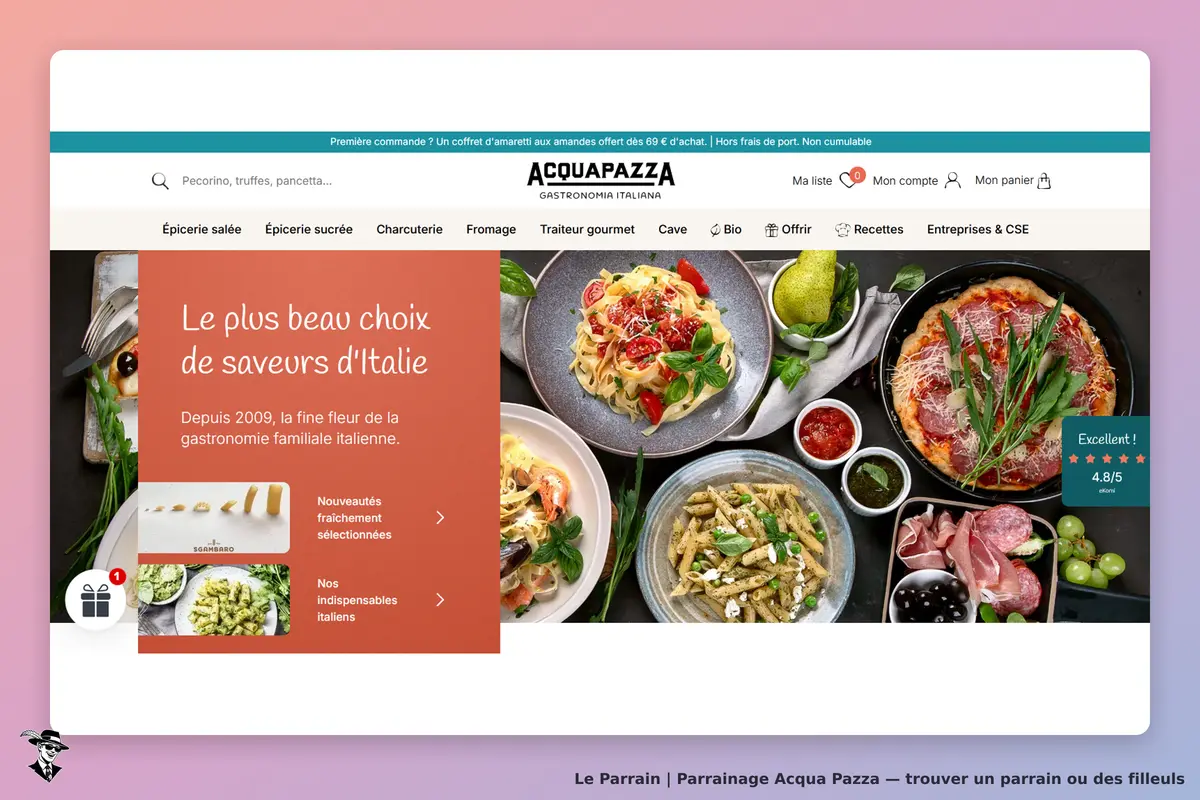 Acqua Pazza : page d'accueil avec des plats italiens colorés et un message d'accueil