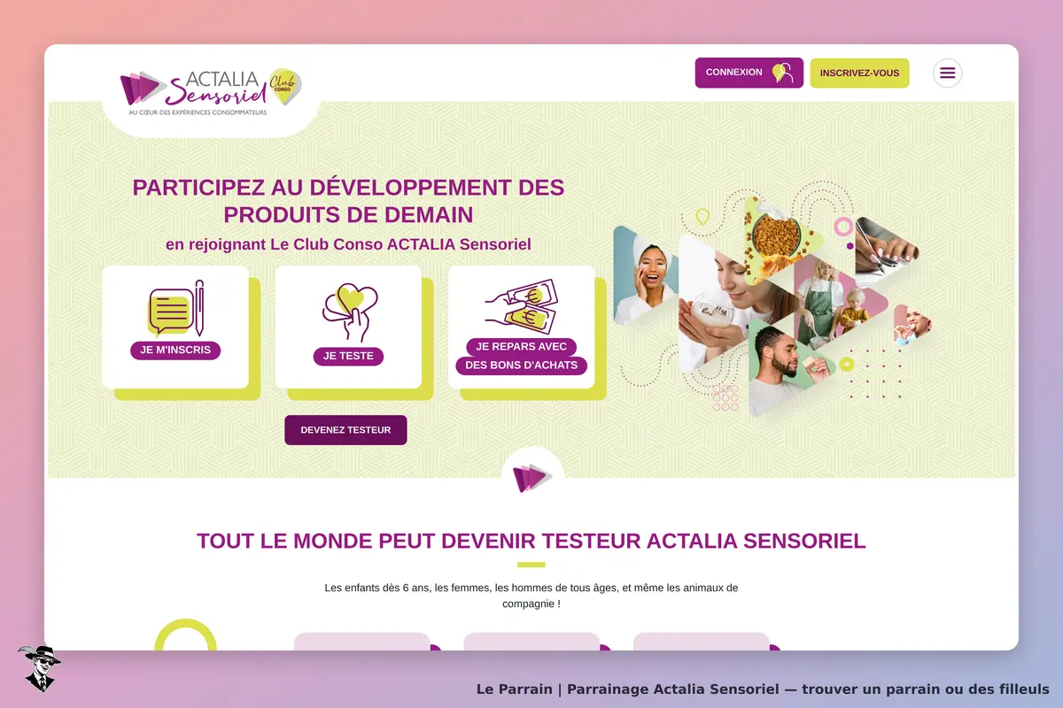 Actalia Sensoriel : page d'accueil avec options d'inscription et images de consommateurs