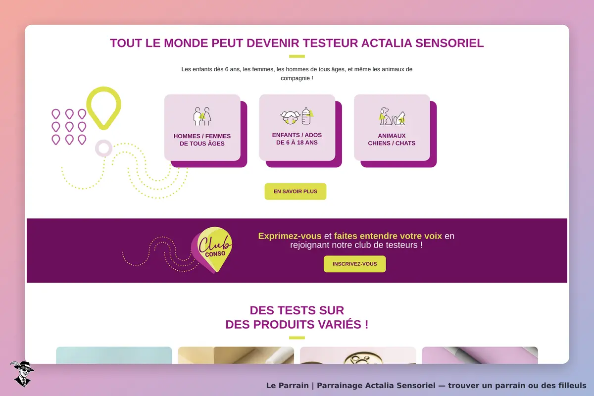 Actalia Sensoriel : page d'accueil présentant les testeurs et le club de consommateurs