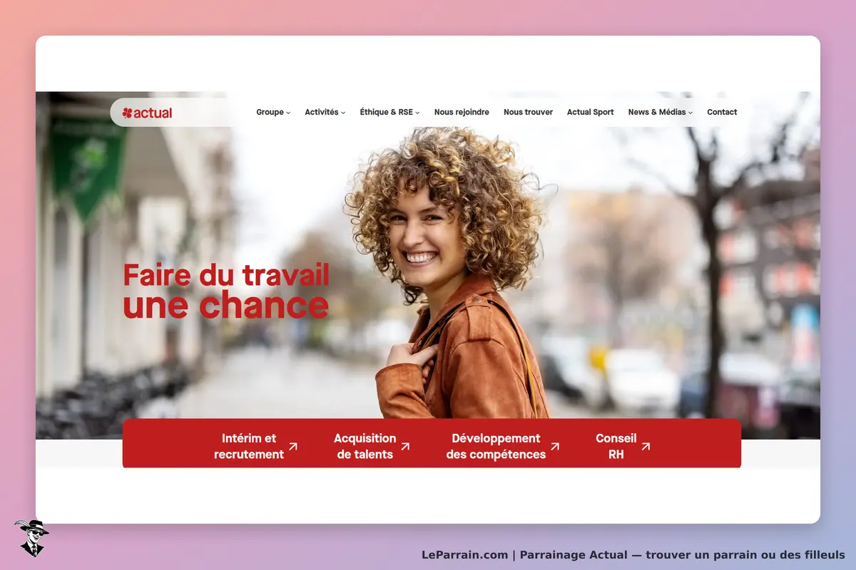Actual : page d'accueil avec une femme souriante et des options de services en bas