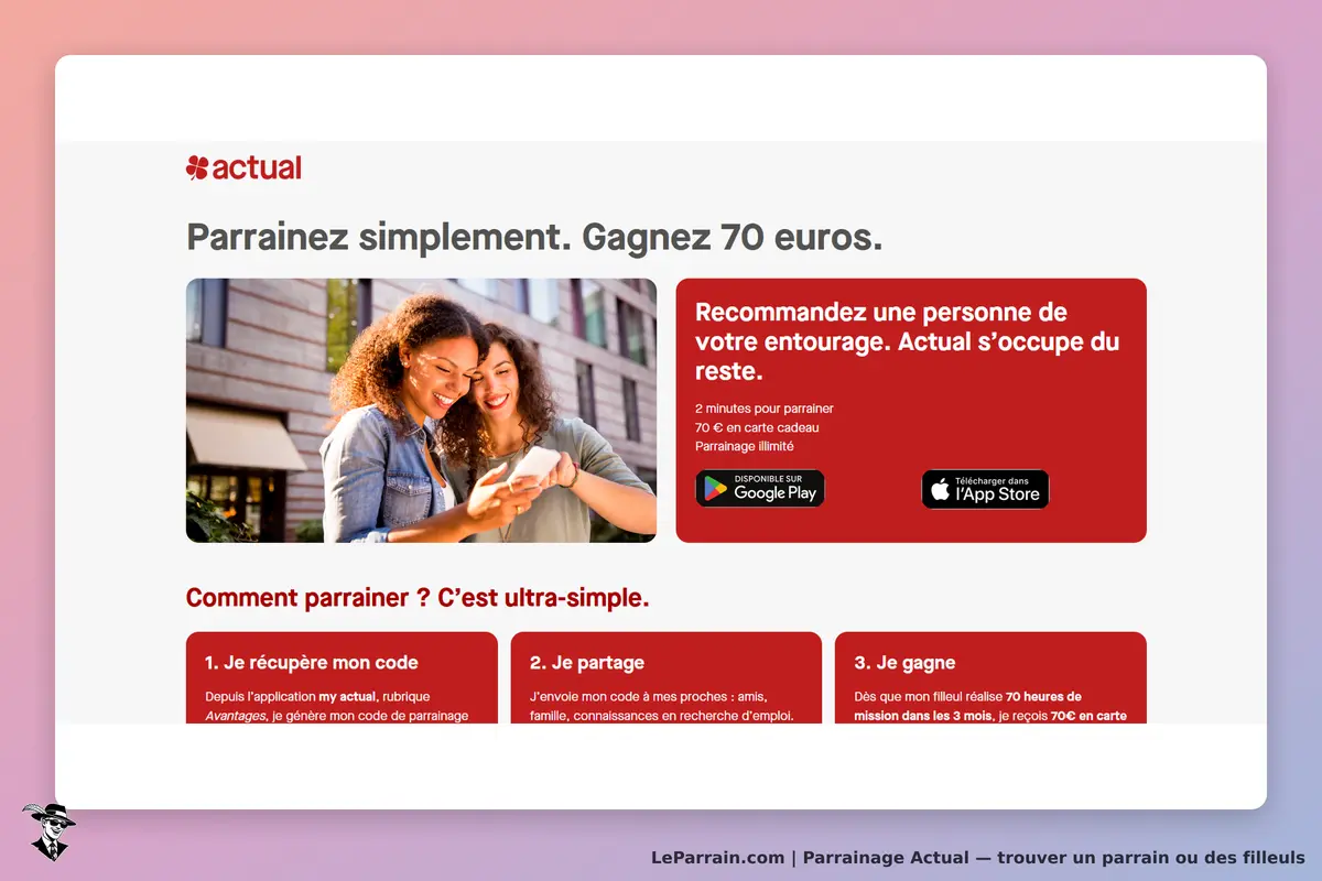 actual : page d'accueil présentant le parrainage avec deux femmes utilisant un smartphone