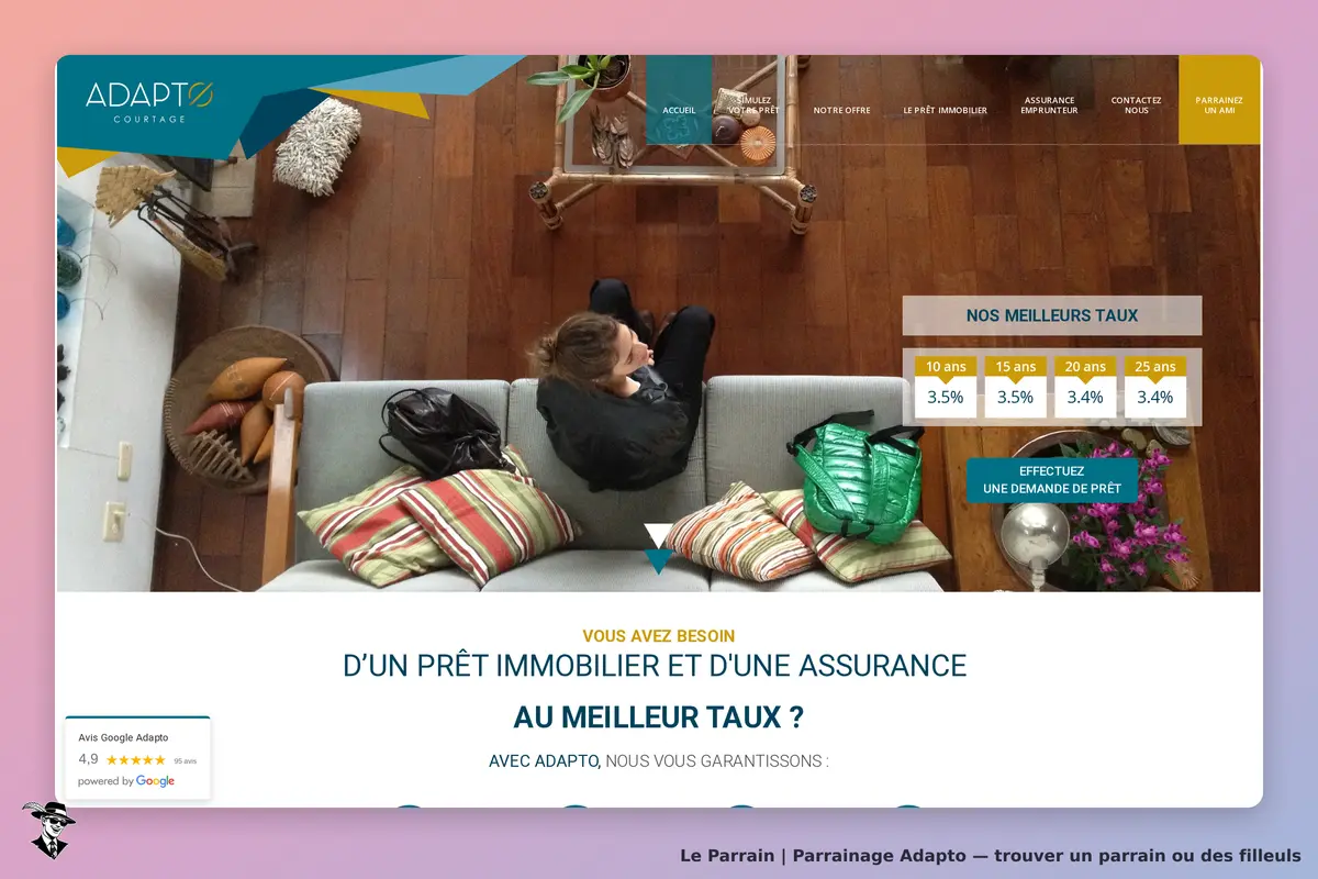 Adapto : vue d'accueil avec un canapé, des coussins et un aperçu d'une offre de prêt immobilier