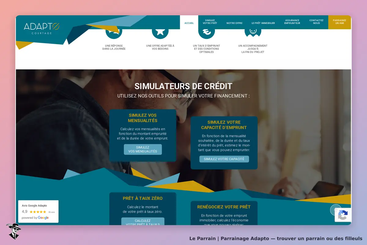 Adapto : page d'accueil avec simulateurs de crédit et options de financement visibles