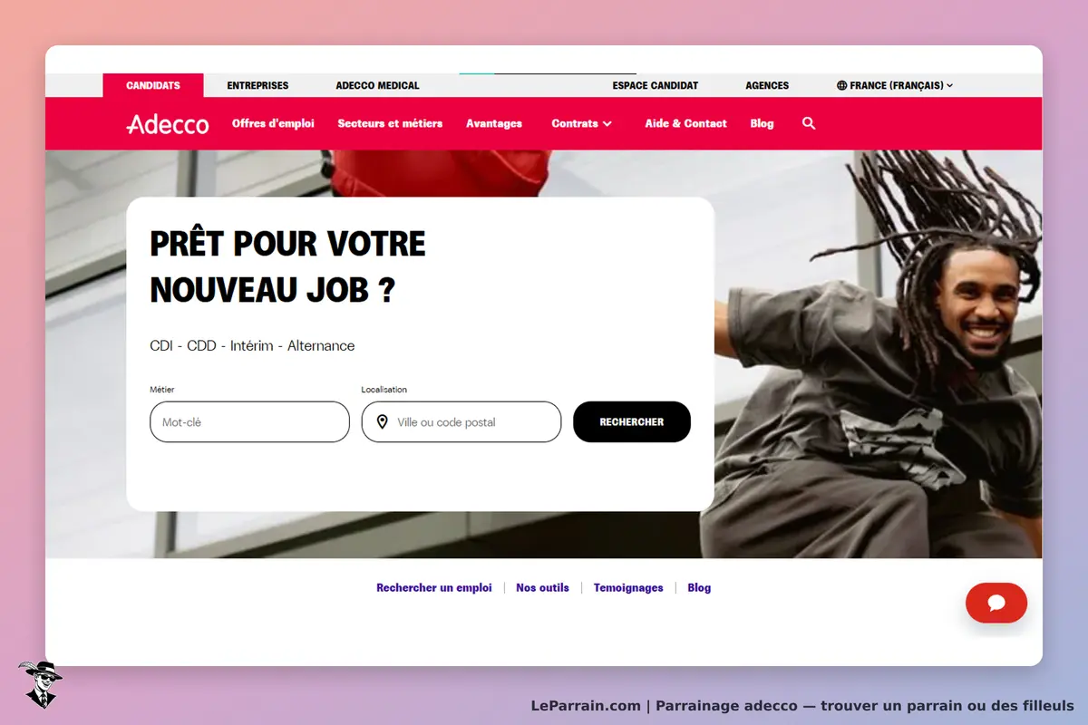 Adecco : page d'accueil avec formulaire de recherche d'emploi et visuel d'une personne souriante
