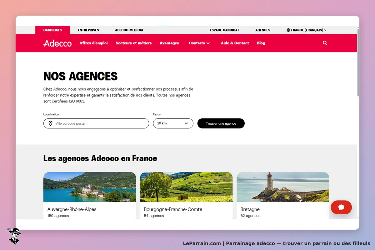 Adecco : page d'accueil avec recherche d'agences et images de régions en France