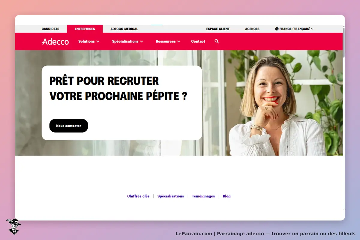 Adecco : page d'accueil avec un message sur le recrutement et une femme souriante