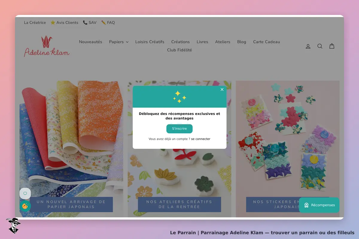 Adeline Klam : page d'accueil avec papiers japonais colorés et pop-up d'inscription