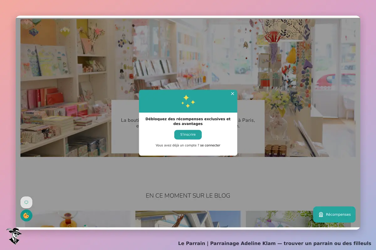 Adeline Klam : page d'accueil avec des produits colorés et une fenêtre de connexion