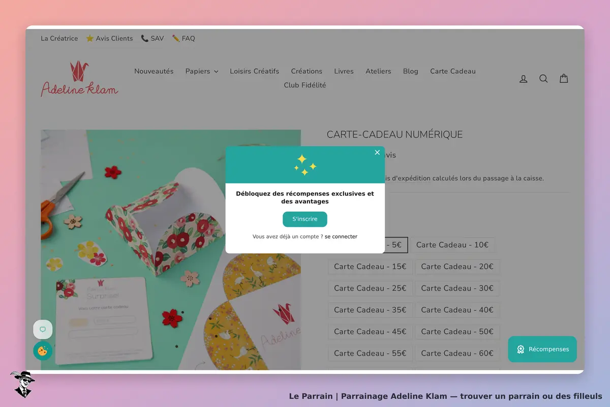 Adeline Klam : page produit avec carte cadeau numérique et éléments décoratifs colorés