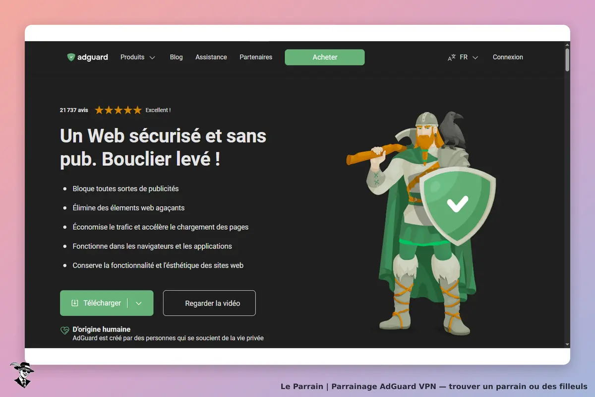 AdGuard VPN : adGuard : page d'accueil présentant un VPN avec un personnage en armure et des