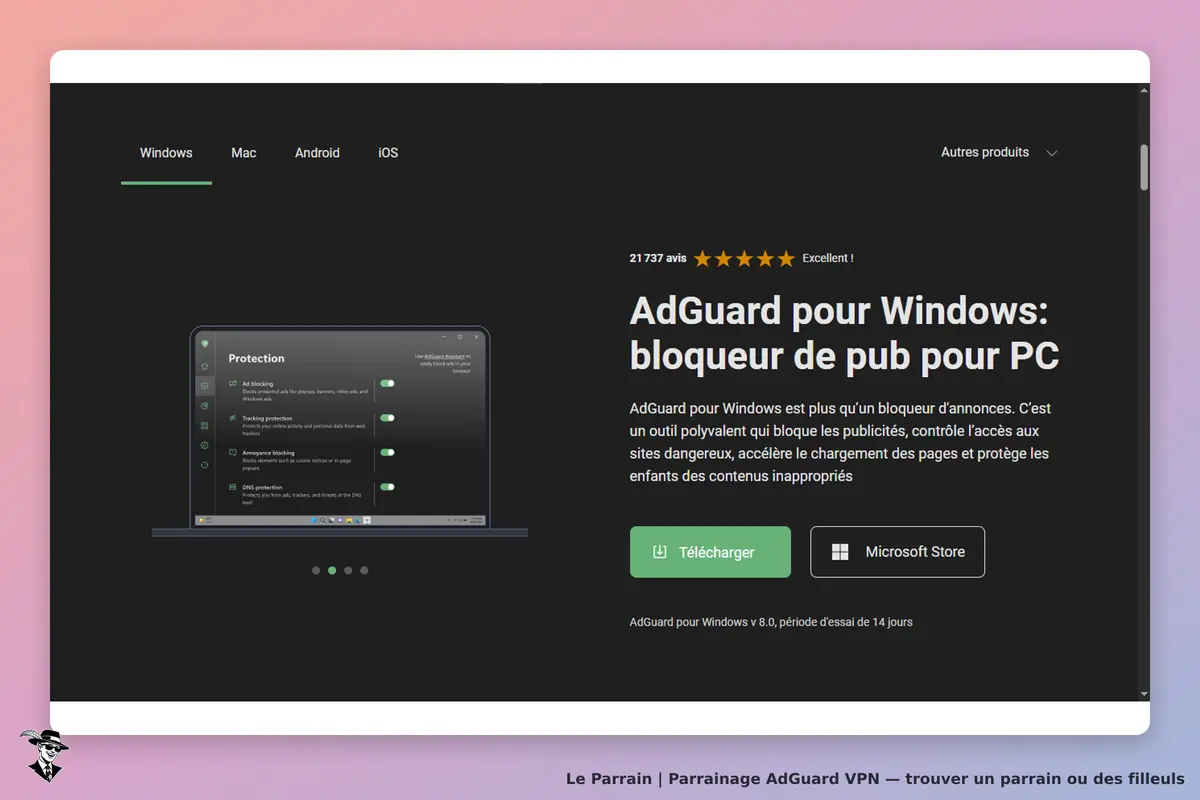 AdGuard VPN : adGuard : page d'accueil présentant le bloqueur de pub pour Windows et ses