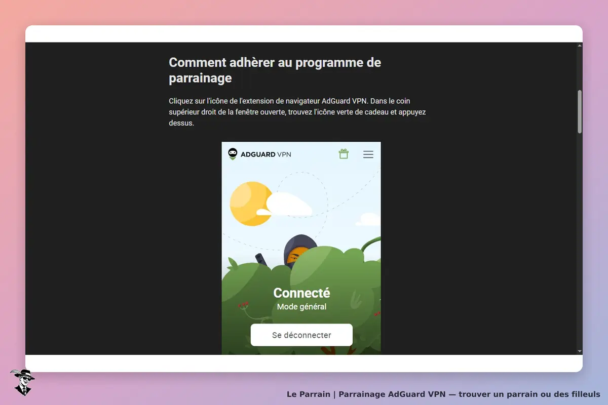 AdGuard VPN : écran d'accueil montrant le mode connecté et des éléments graphiques colorés