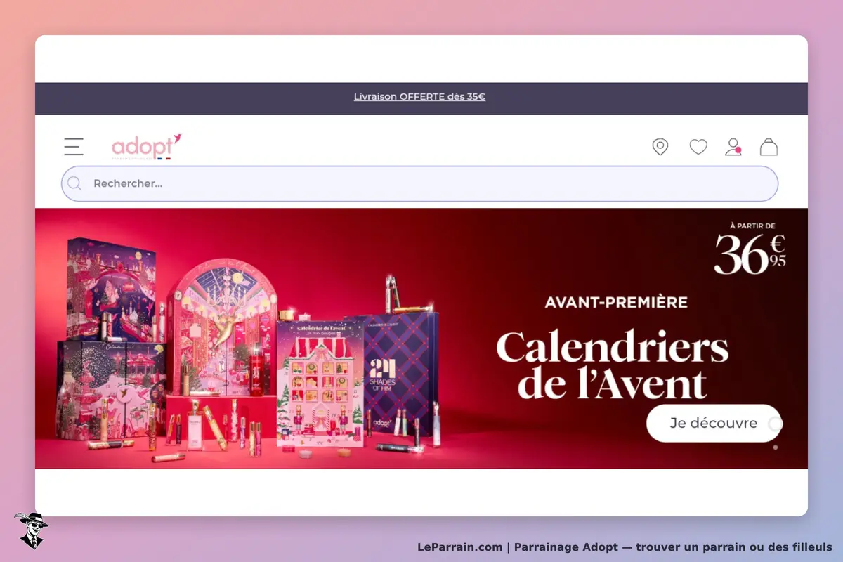 Adopt : page d'accueil présentant des calendriers de l'Avent colorés sur fond rose