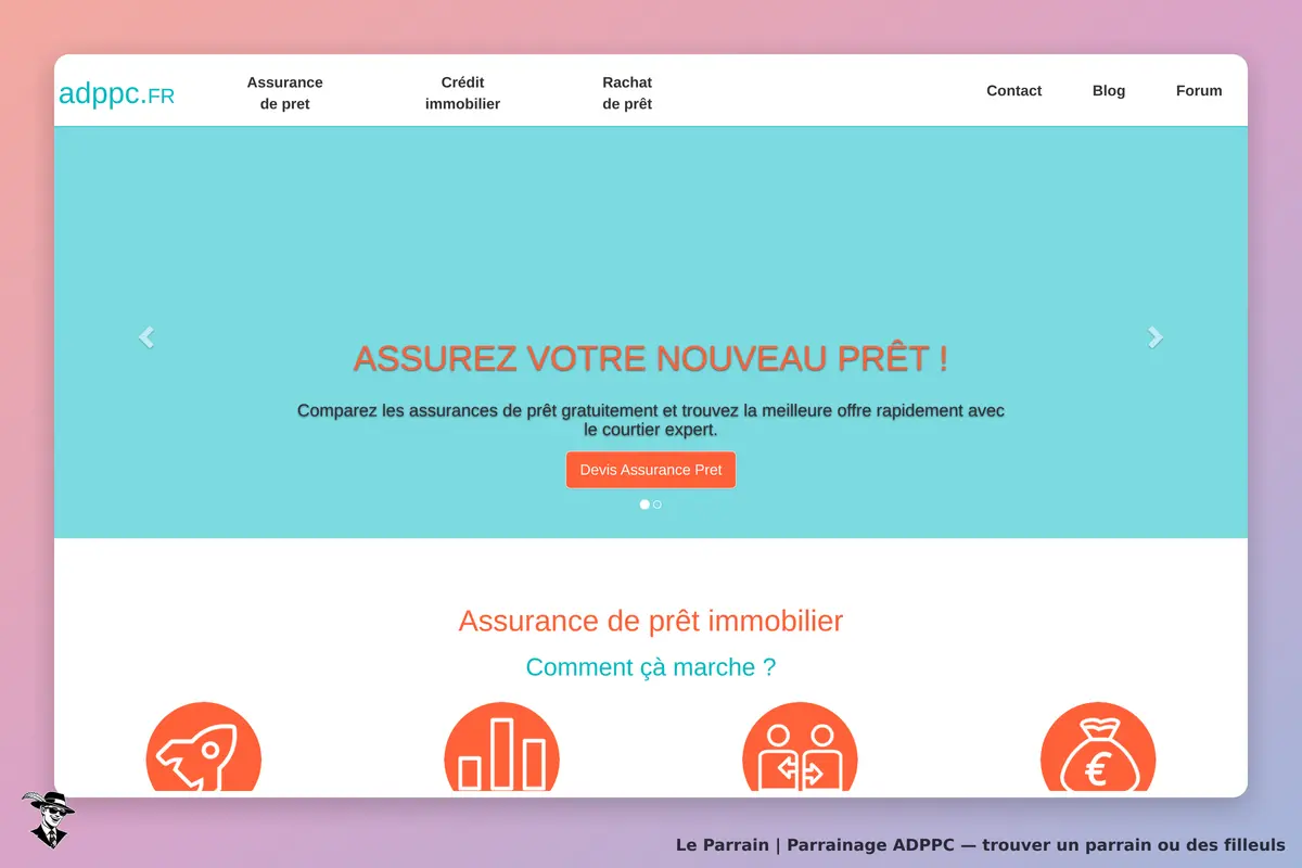 ADPPC : page d'accueil avec titre sur les assurances de prêt et options de navigation