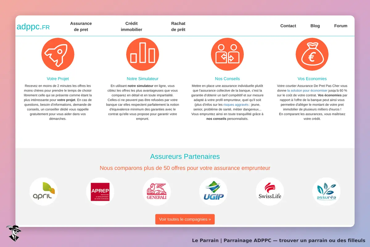ADPPC : page d'accueil présentant des services d'assurance et de crédit immobilier