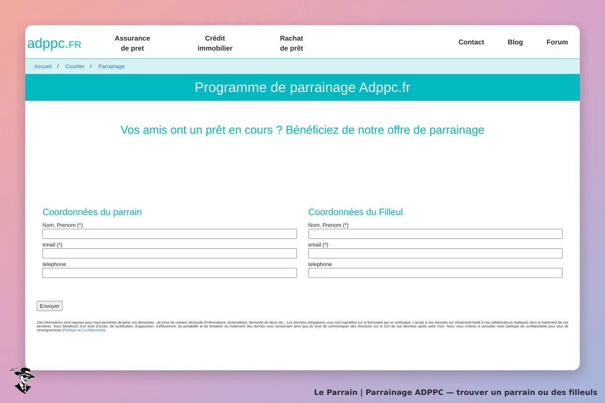 ADPPC : formulaire de parrainage avec champs pour parrain et filleul. Titre en haut de page