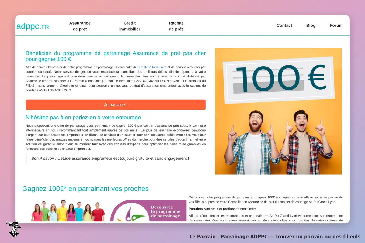 ADPPC : page d'accueil avec programme de parrainage et deux hommes souriants tenant un panneau