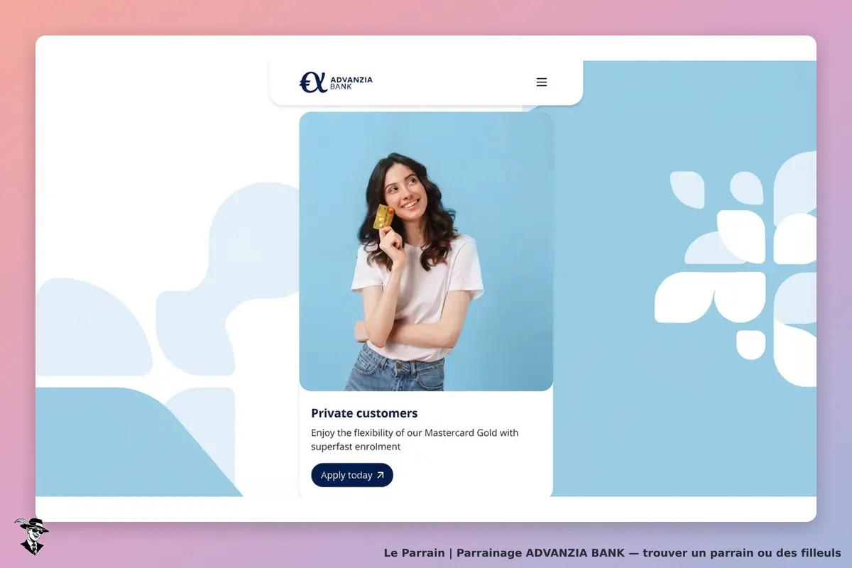 ADVANZIA BANK : page d'accueil avec une femme souriante tenant une carte sur fond bleu