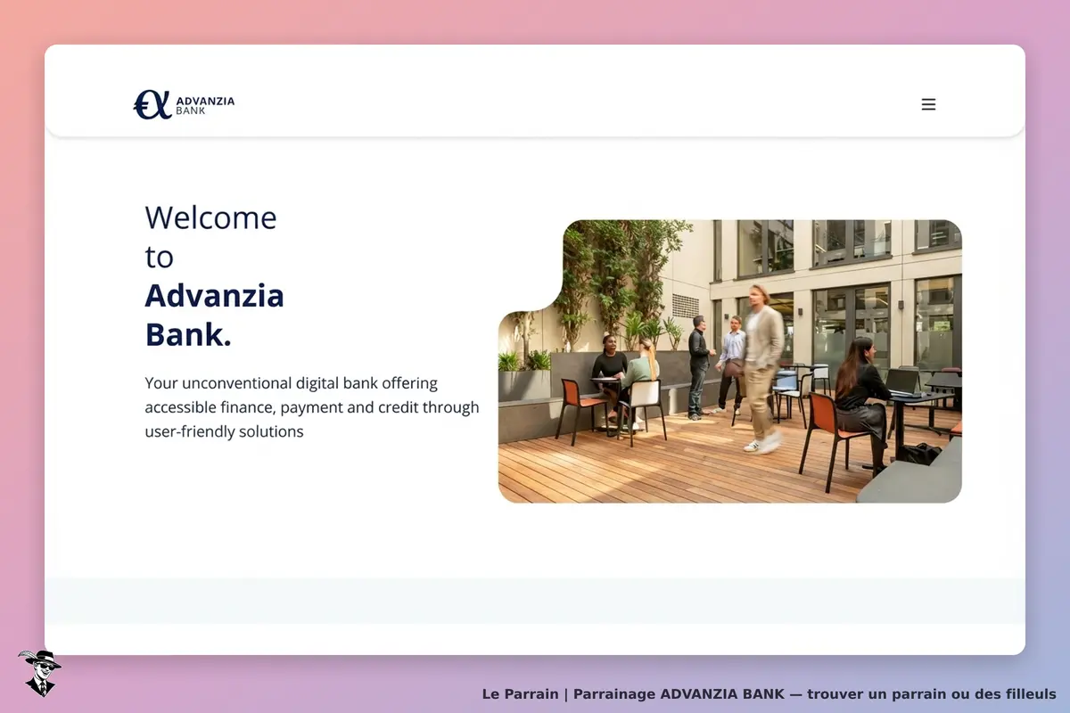 ADVANZIA BANK : page d'accueil présentant un espace de travail avec des personnes et des plantes