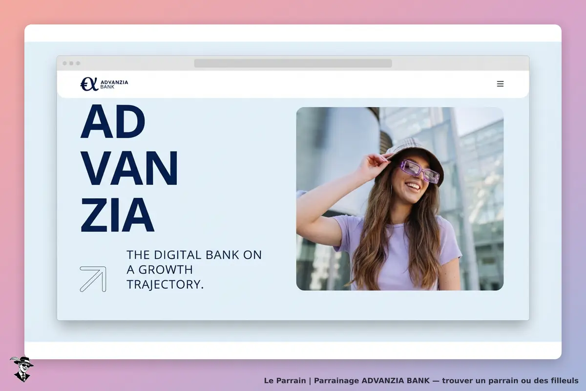 ADVANZIA BANK : page d'accueil avec le logo et une image d'une femme souriante en extérieur
