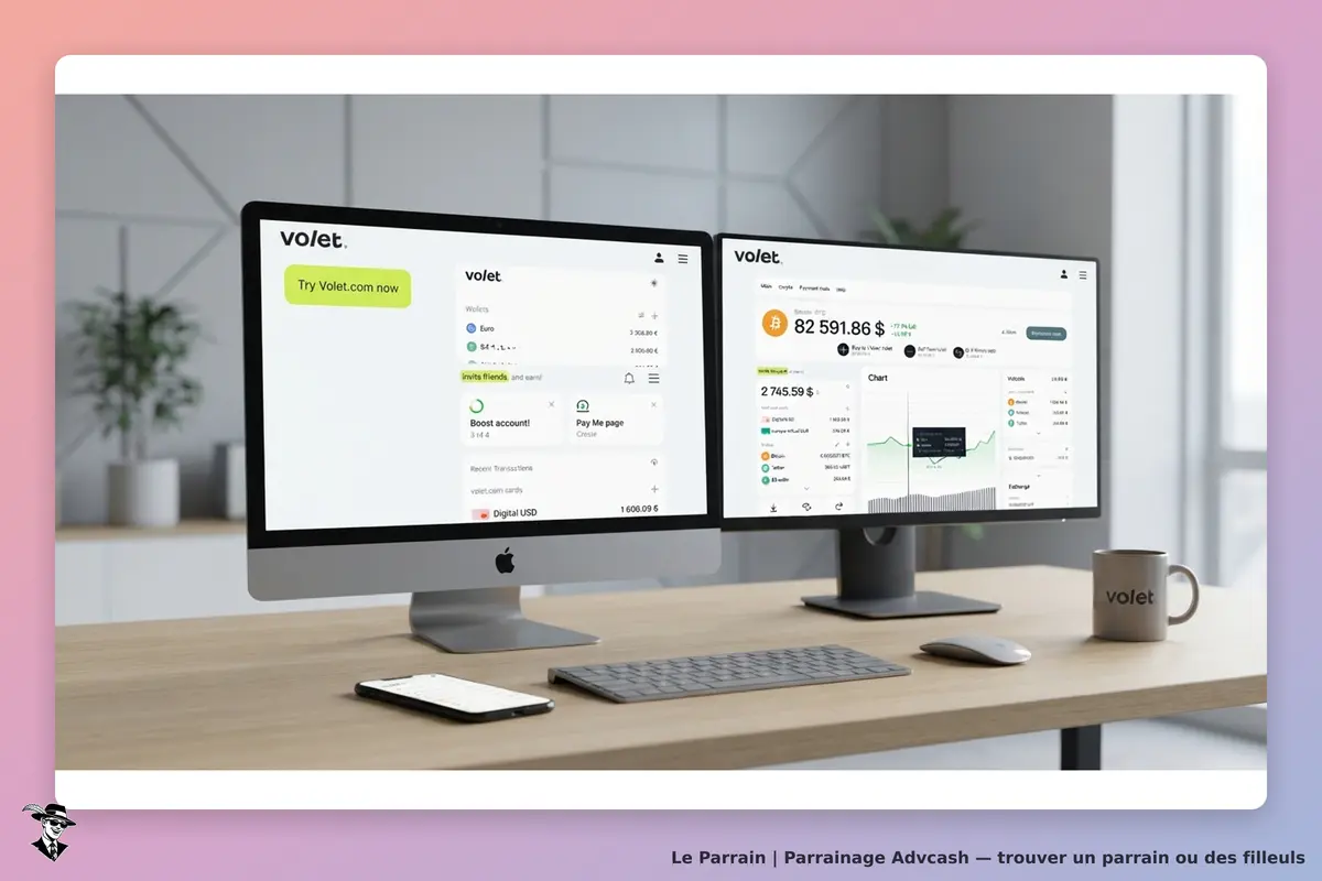 Advcash : deux écrans affichant le tableau de bord et des informations financières sur un bureau