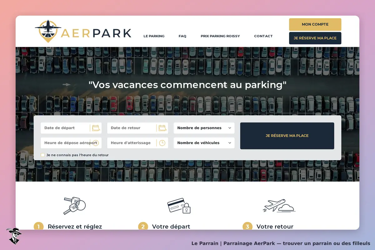 AerPark : page d'accueil avec formulaire de réservation et vue aérienne de voitures stationnées