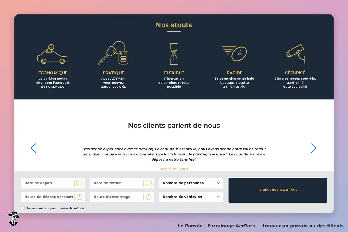 AerPark : section présentant les atouts et un formulaire de réservation sur la page d'accueil