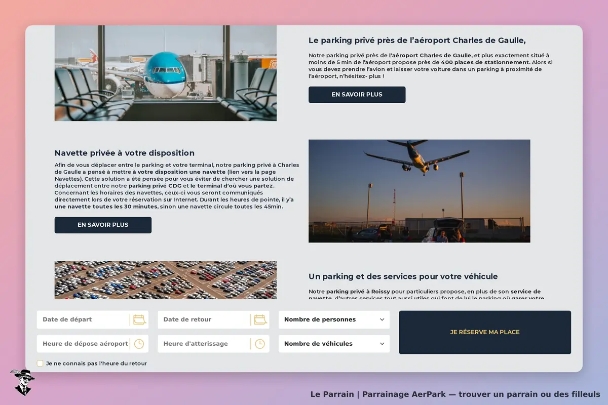 AerPark : page d'accueil présentant un service de parking près de l'aéroport Charles de Gaulle