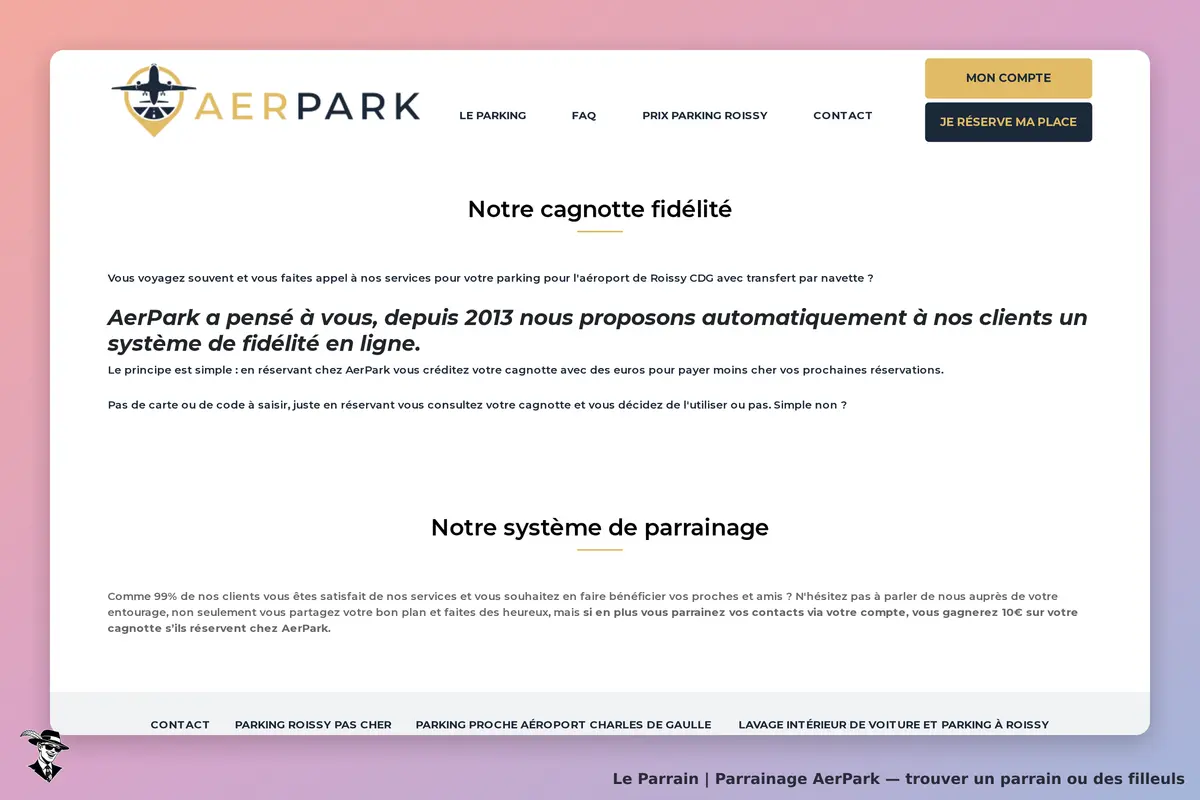 AerPark : page d'accueil présentant le système de fidélité et de parrainage du service