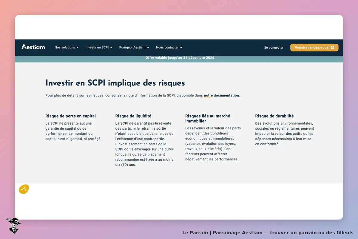 Aestiam : page expliquant les risques liés à l'investissement en SCPI avec plusieurs sections