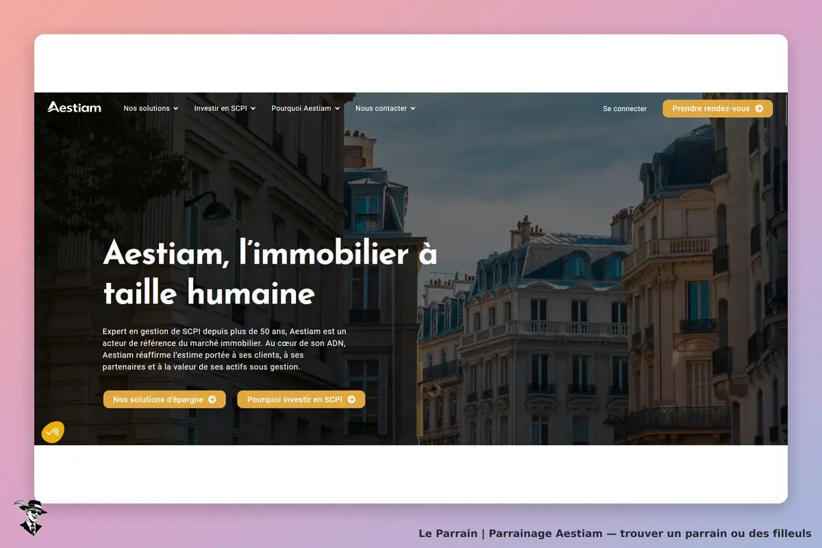 Aestiam : page d'accueil présentant un slogan sur l'immobilier et des bâtiments en arrière-plan