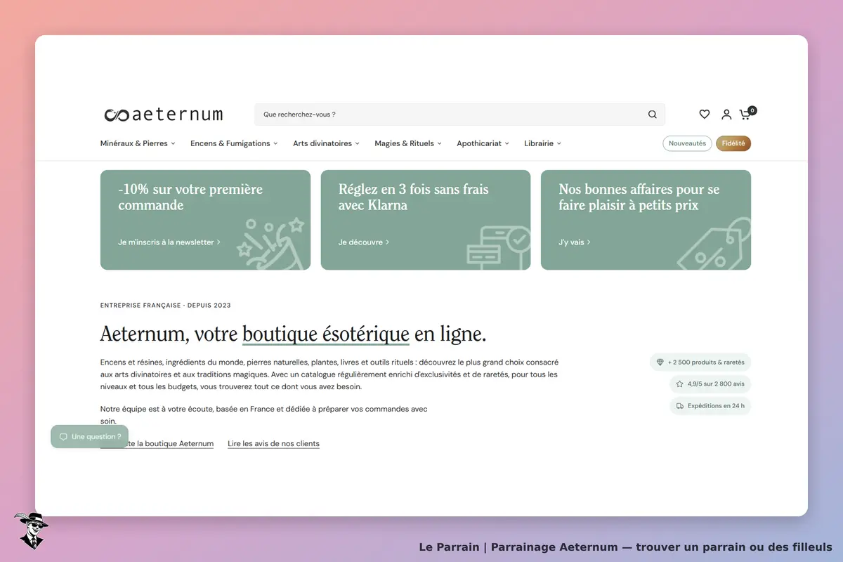 Aeternum : page d'accueil présentant des promotions et un message d'accueil sur l'esotérisme