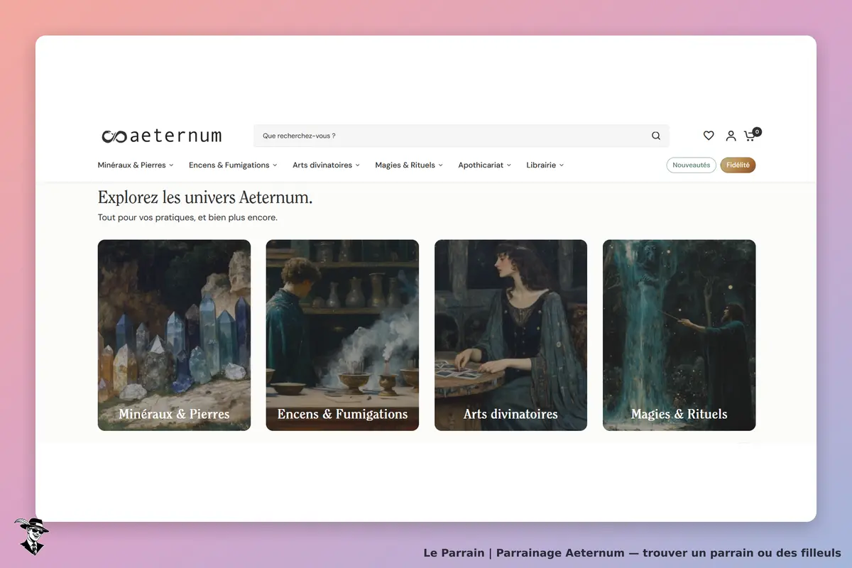 Aeternum : page d'accueil avec catégories de produits et images illustratives