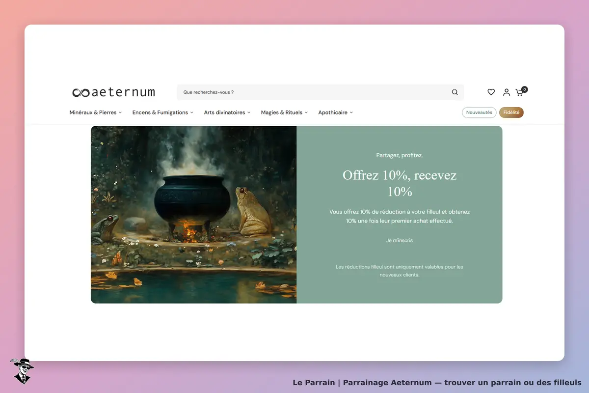 Aeternum : page d'accueil avec un visuel de chaudron et une offre de parrainage