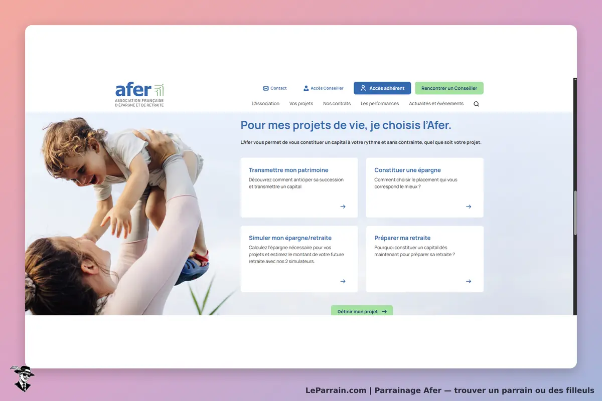 Afer : page d'accueil avec options pour projets de vie et image d'une mère avec son enfant