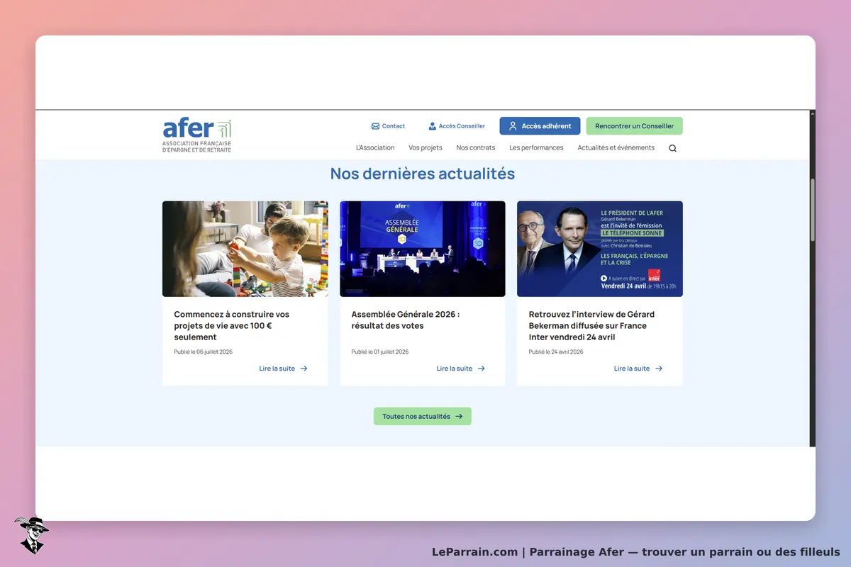 Afer : page d'accueil avec actualités et événements récents affichés en plusieurs blocs
